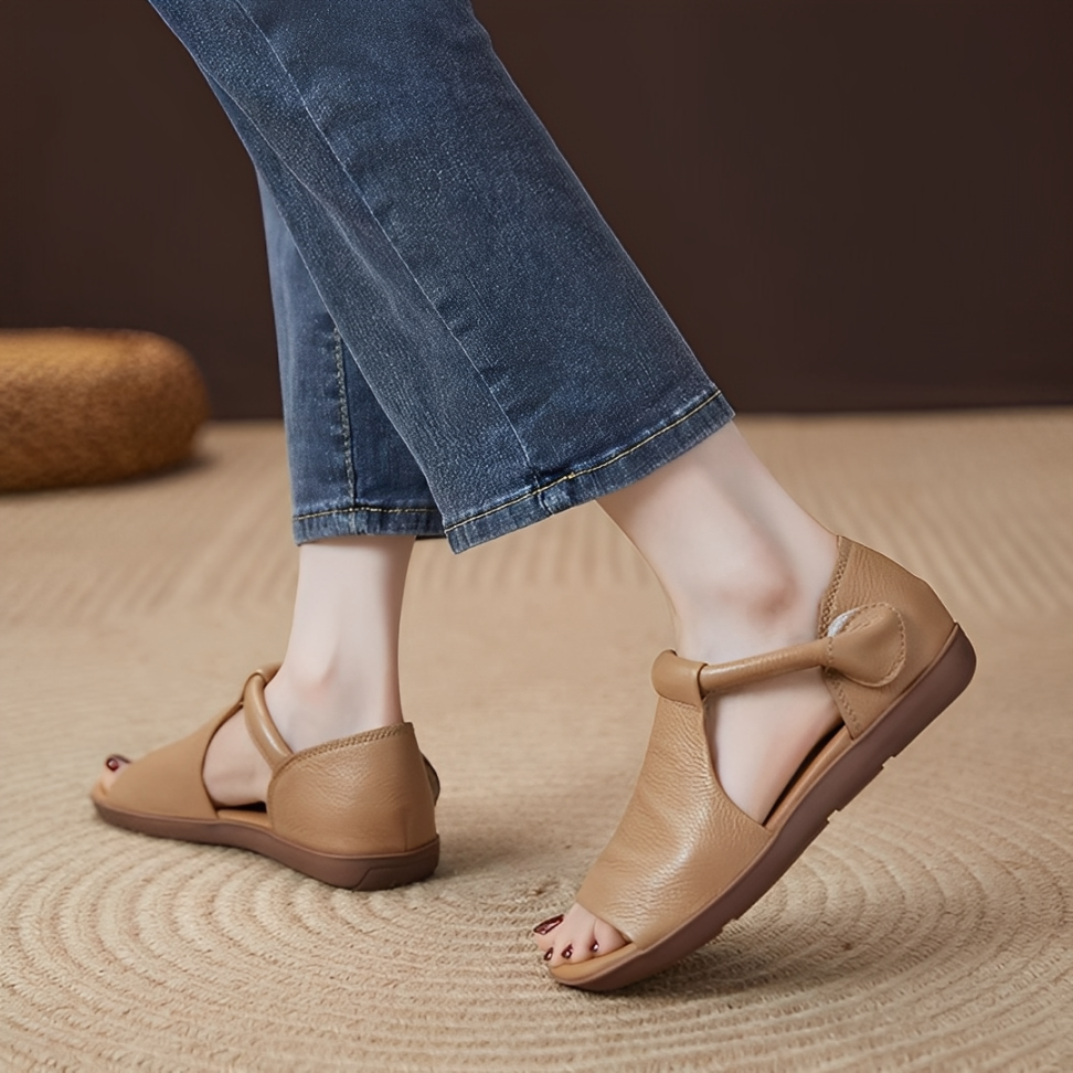 CMF Women Sandals Comfortable Open-toe Leather Summer Velcro Flat Walking Modern Design