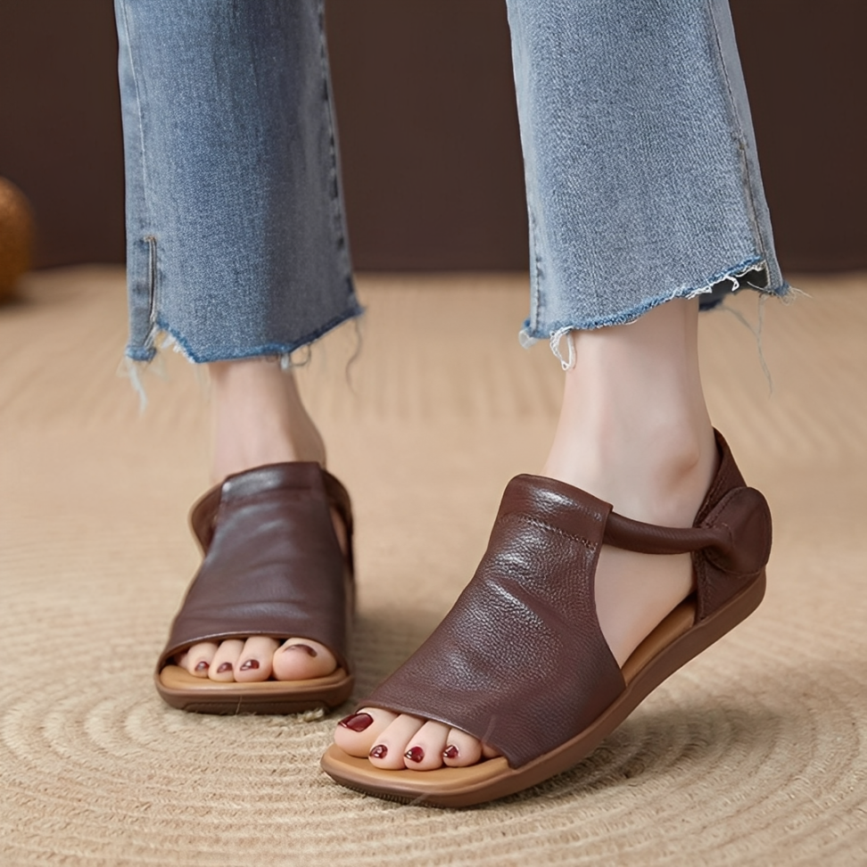CMF Women Sandals Comfortable Open-toe Leather Summer Velcro Flat Walking Modern Design