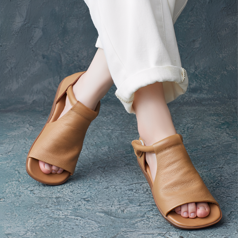 CMF Women Sandals Comfortable Open-toe Leather Summer Velcro Flat Walking Modern Design