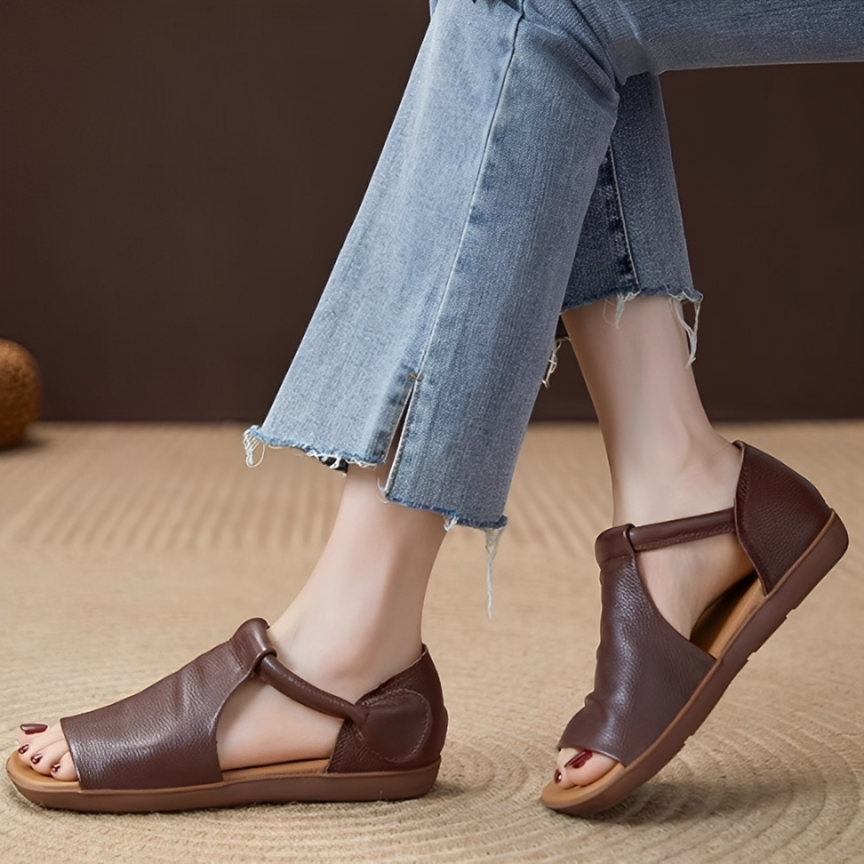 CMF Women Sandals Comfortable Open-toe Leather Summer Velcro Flat Walking Modern Design
