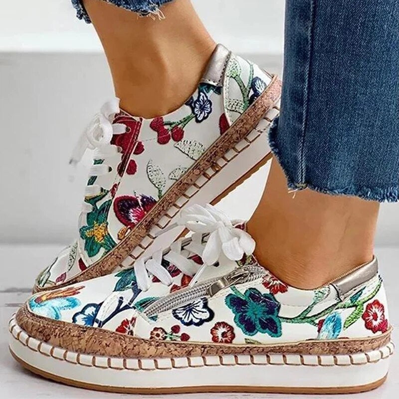 CMF Orthopedic Women Sneakers Floral Pattern Side Zipper Ankle Protection Casual Shoes