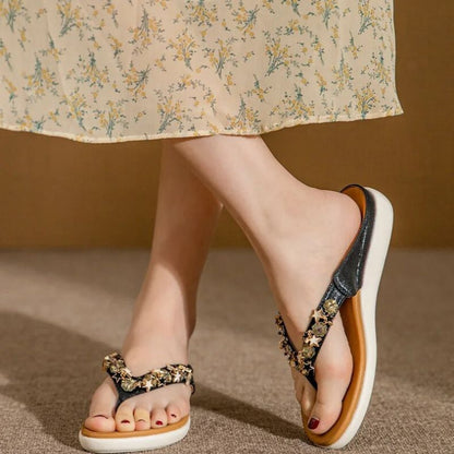 CMF Women Sandals Orthopedic Flat Rhinestone Elastic Sole Sweat-free Comfortable Slippers