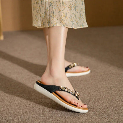 CMF Women Sandals Orthopedic Flat Rhinestone Elastic Sole Sweat-free Comfortable Slippers