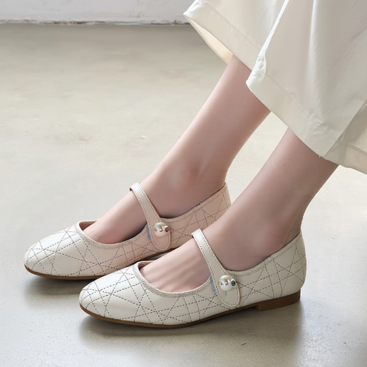 CMF Women Dress Shoes Comfortable Soft Leather Lơw-Heels Pearl Strap Shallow Diamond Pattern