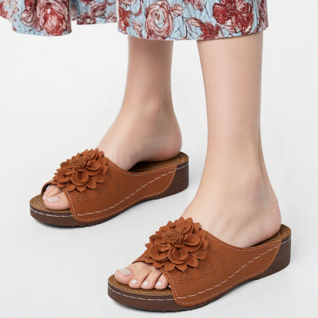 CMF Women Orthopedic Sandals Breathable Arch-support Leather Floral Slip-on New Vintage